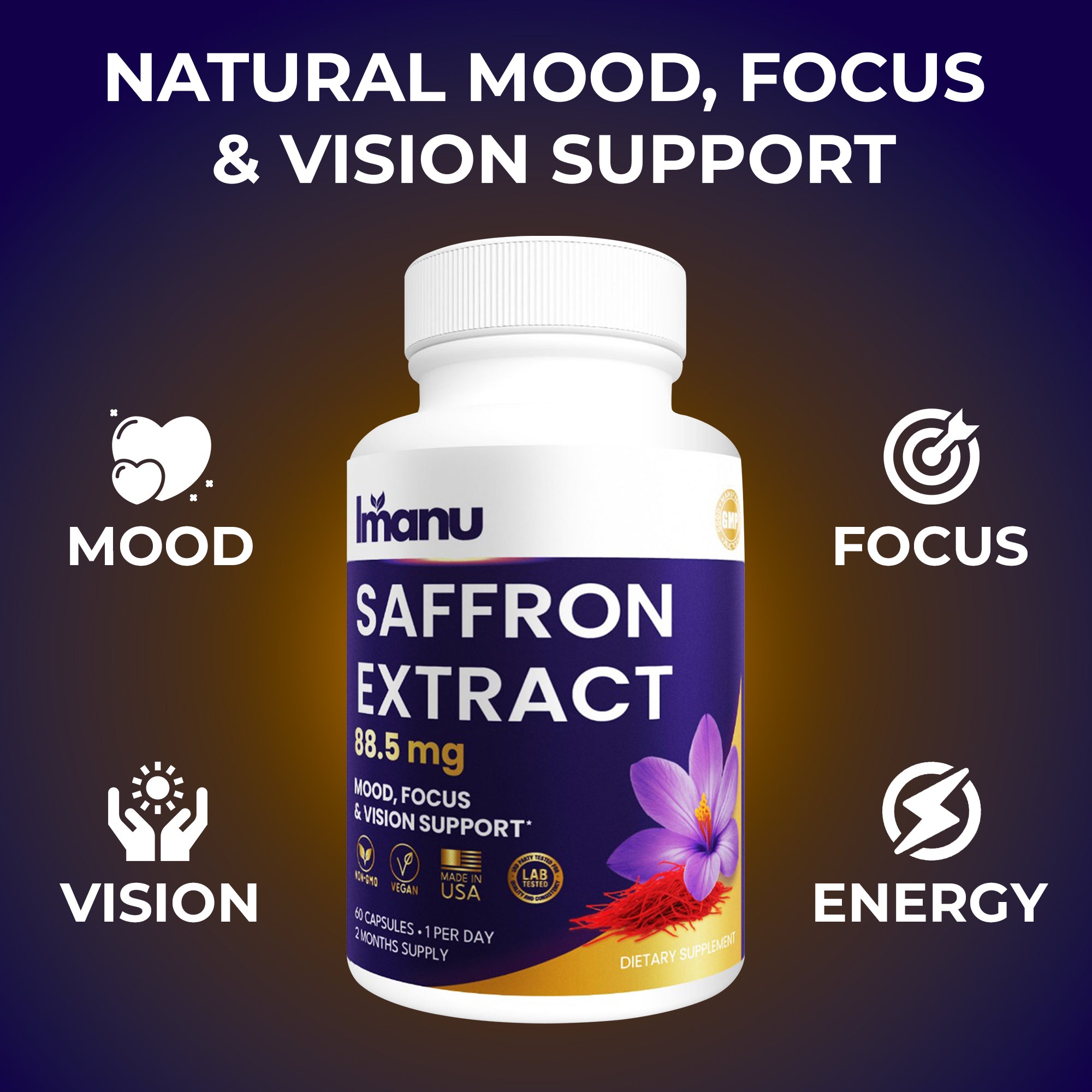 Imanu Saffron Extract – Mood, Focus & Vision Support (60 Veggie Capsules, 2-Month Supply)