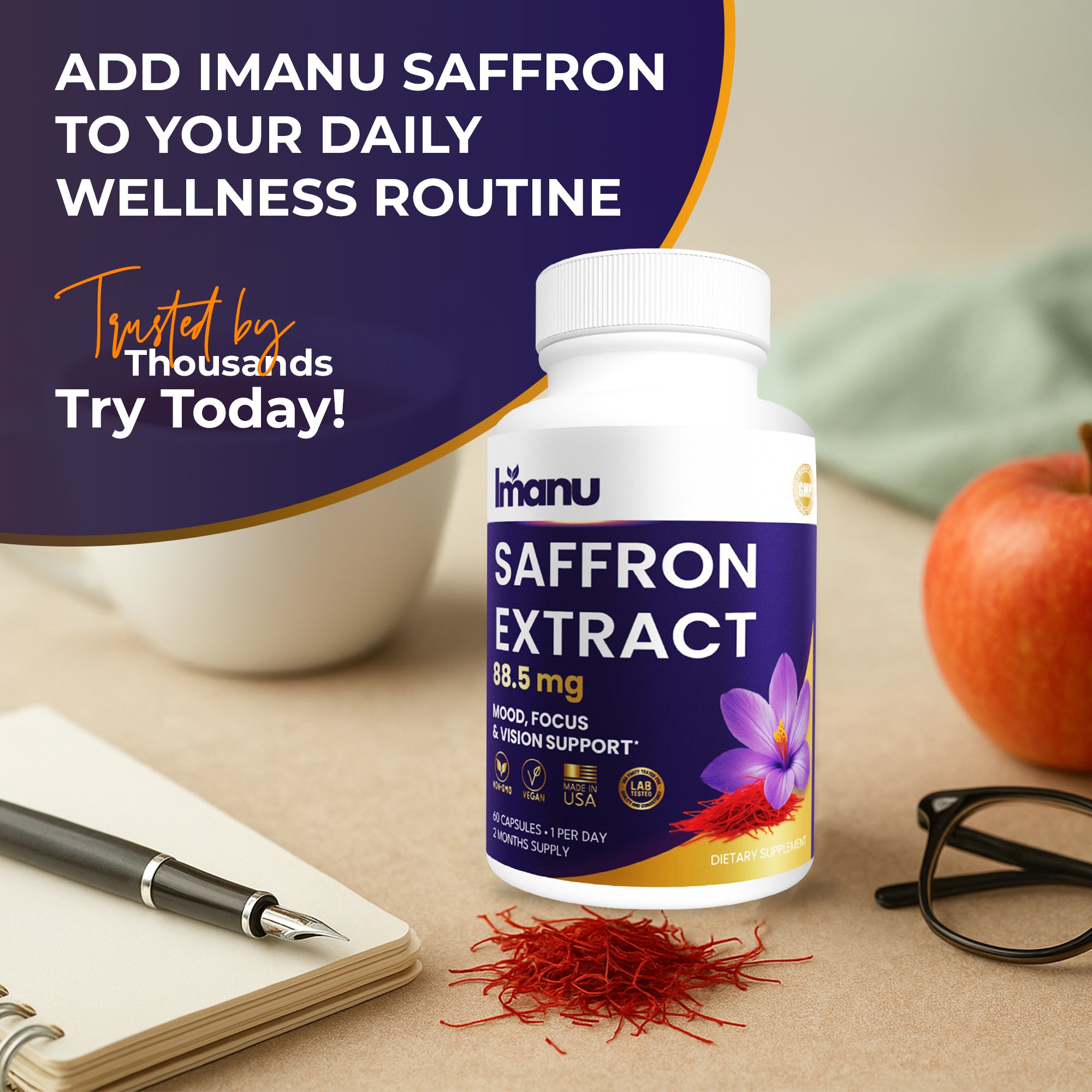 Imanu Saffron Extract – Mood, Focus & Vision Support (60 Veggie Capsules, 2-Month Supply)