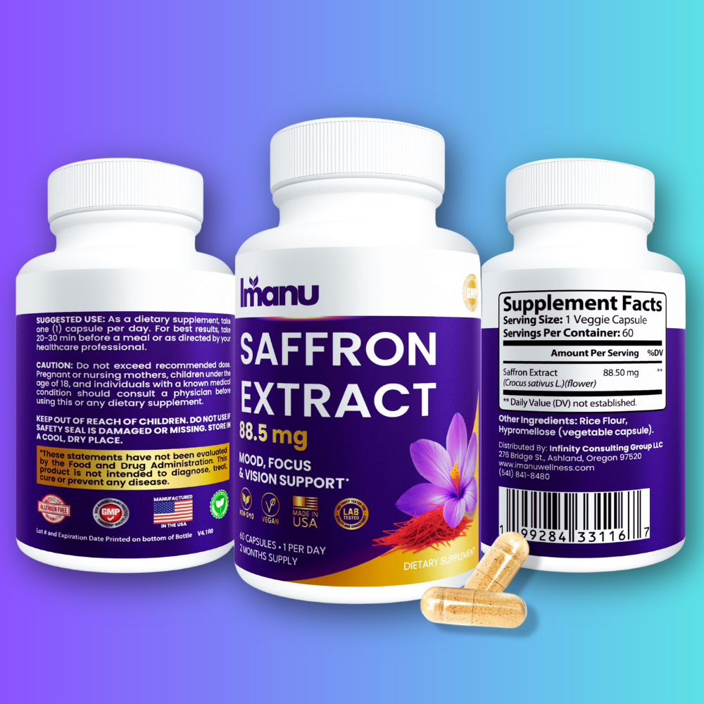 Imanu Saffron Extract – Mood, Focus & Vision Support (60 Veggie Capsules, 2-Month Supply)